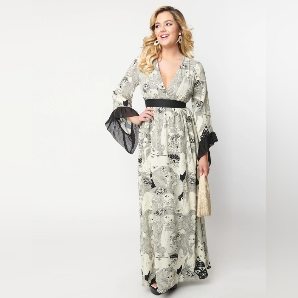 Unique Vintage Cream and Black Maxi Dress with Graphic Illustration Print
